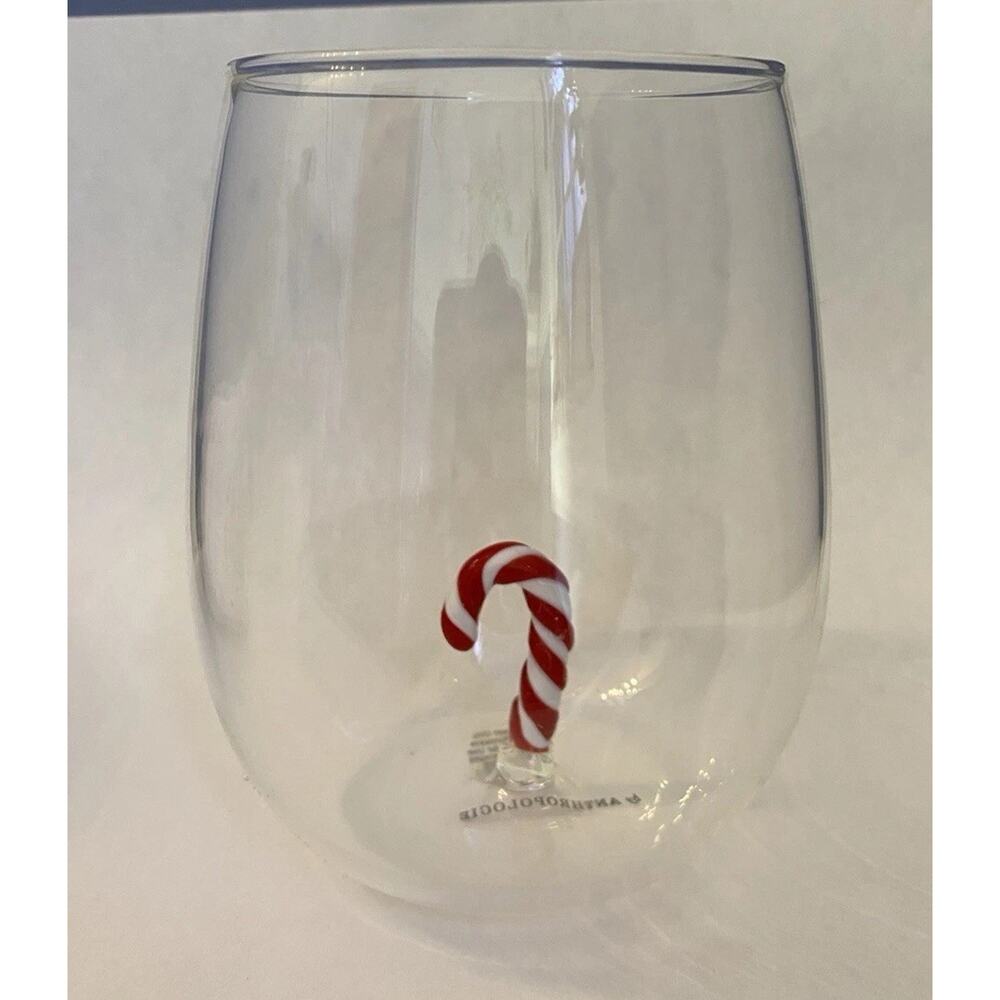 NEW Anthropologie Jolly Icon Stemless Wine Glass Christmas Candy Cane Holidays